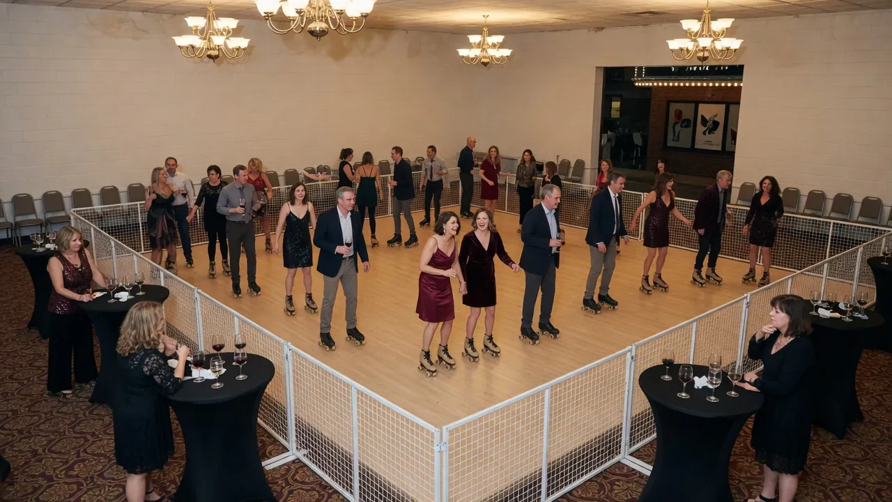 Portable roller rink rails and lighting prepared in a ballroom