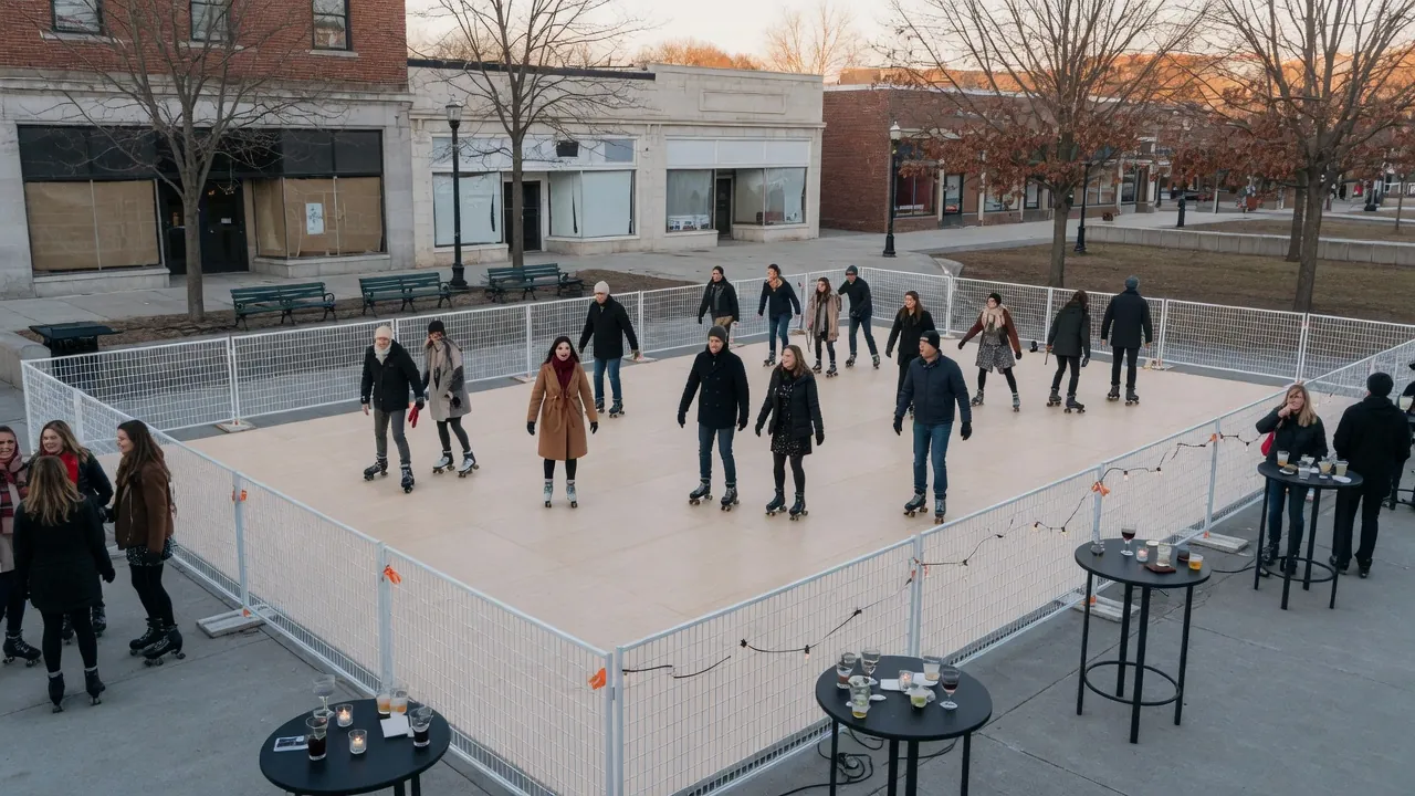 Guests skating on a modular roller floor inside a hotel event room
