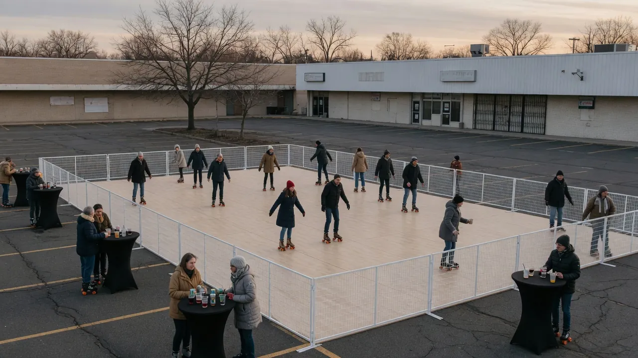 Guests skating on a modular roller floor at a retail event