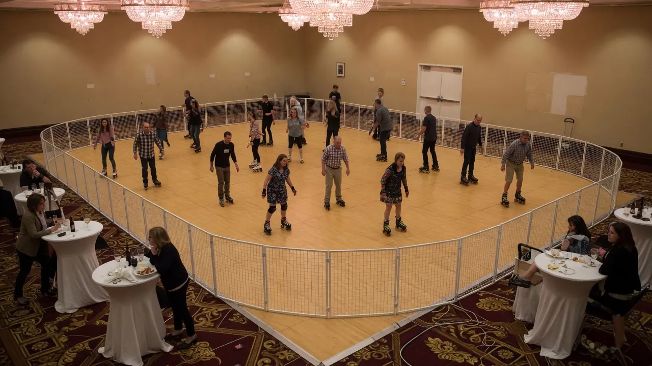 Editorial photo of a compact portable rink in an indoor Delaware event hall; not a specific venue