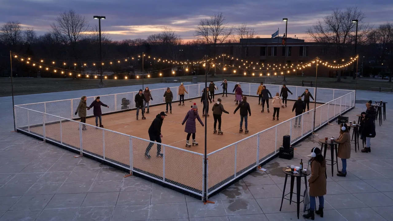 Editorial photo of a portable roller rink on a winter Delaware civic plaza; not a specific venue