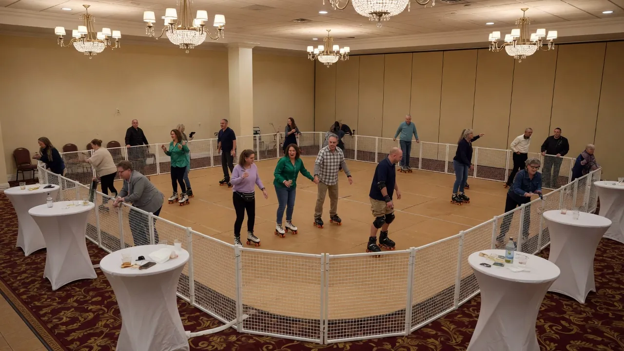 Editorial photo of a portable roller rink on a compact historic green; not a specific Dover venue