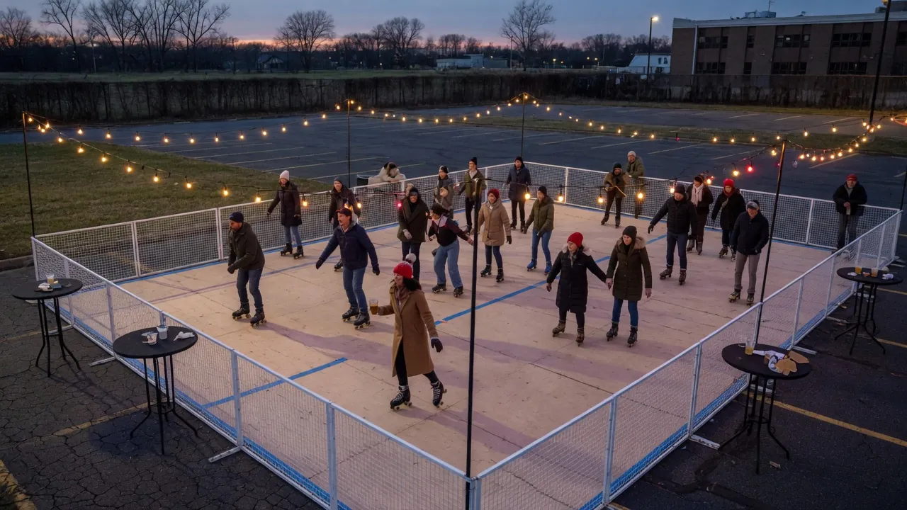 Editorial photo of a portable roller rink setup near a Dover-style event pad; not a specific venue