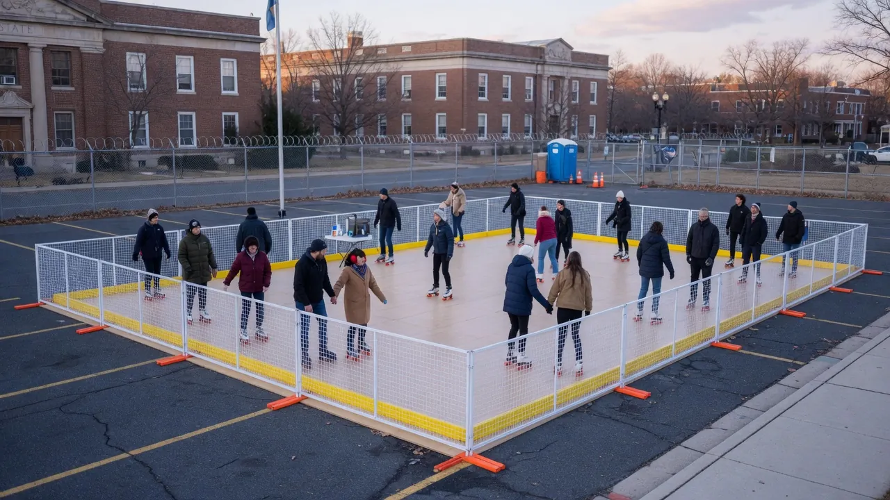 Editorial photo of a portable roller rink on a capitol-city civic lawn; not a specific Dover venue