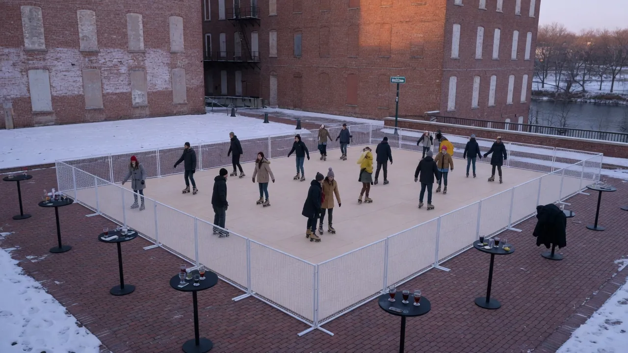Guests skating on a modular roller floor inside a covered event venue
