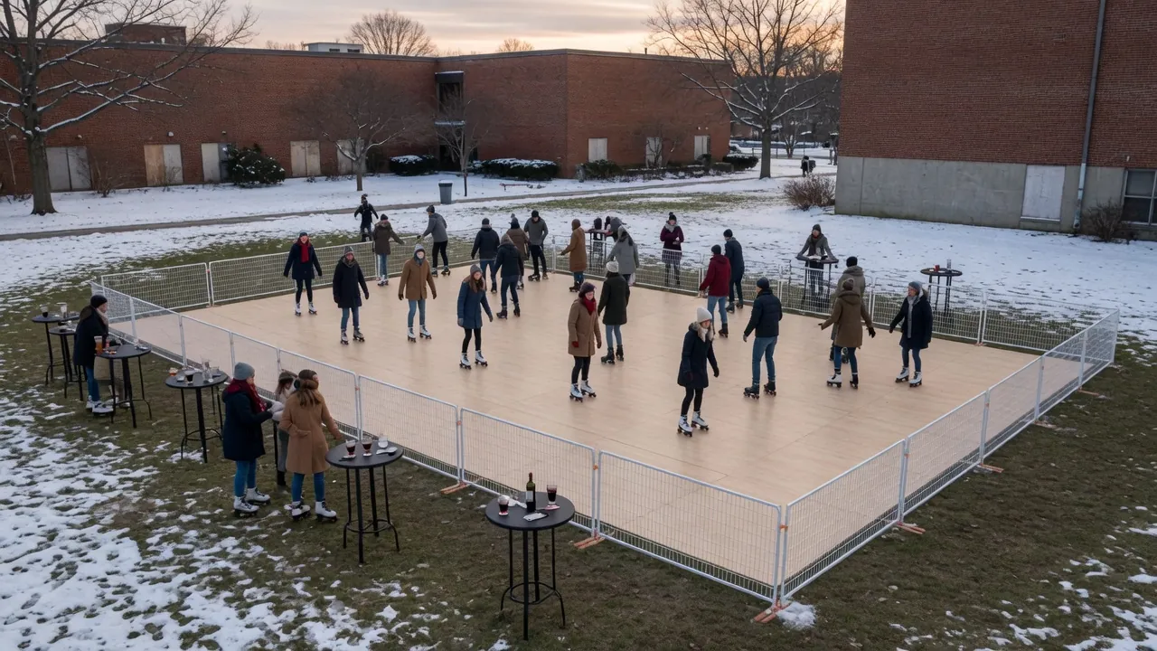 Guests skating on a modular roller floor at an event venue