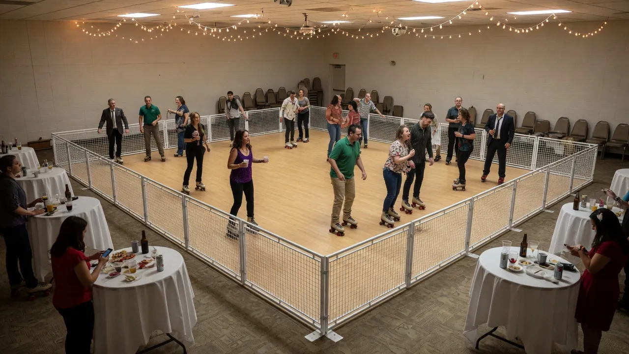 Portable rink rails and floor prepared inside a civic hall