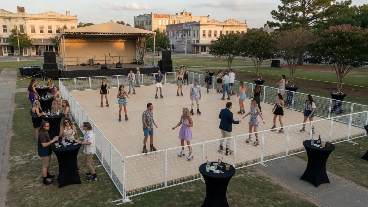 Families skating on a modular roller floor at a community event
