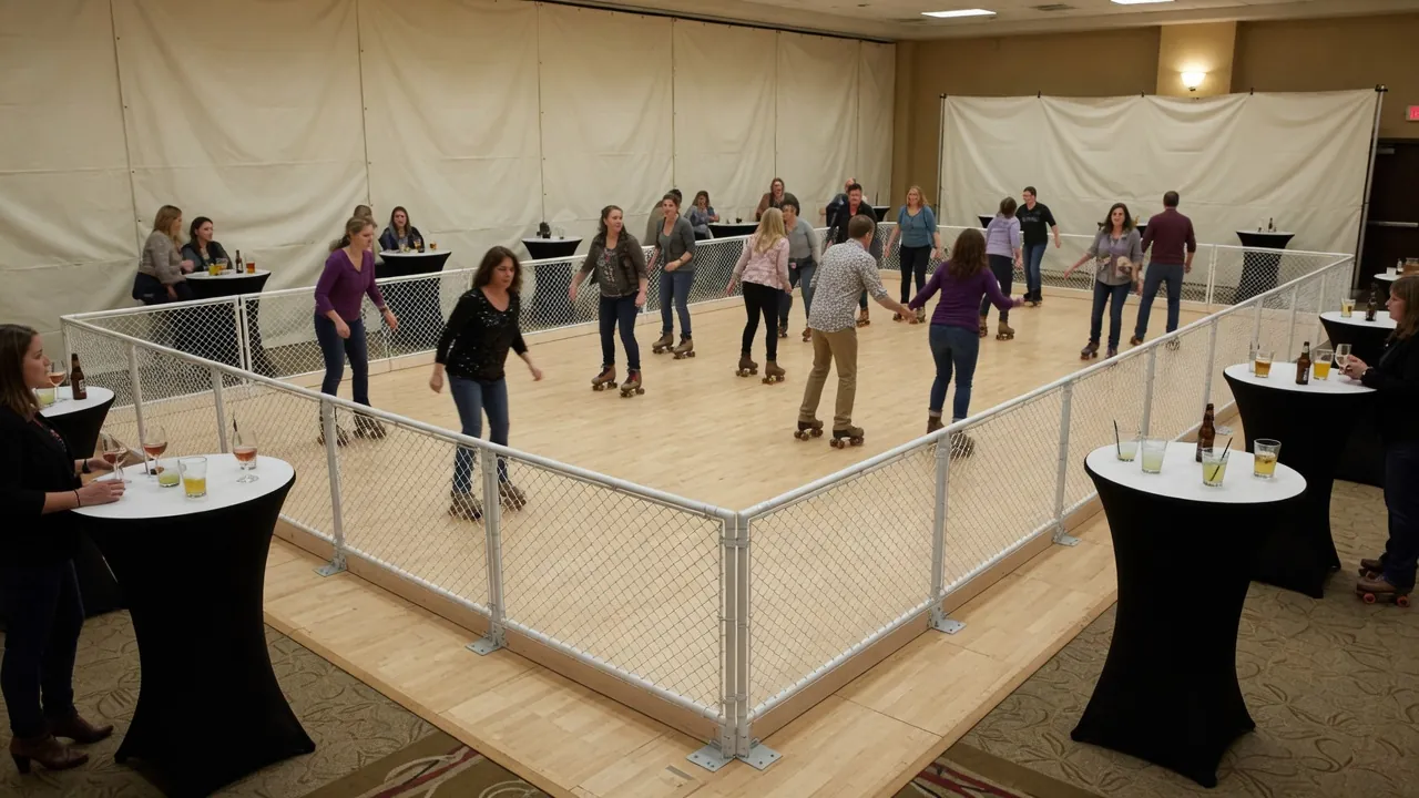 Portable roller rink floor and perimeter rails prepared for guests