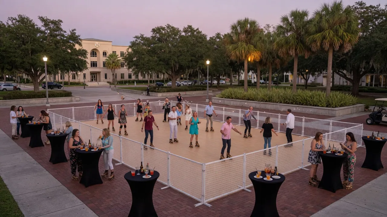 Guests skating on a modular roller floor at an indoor event