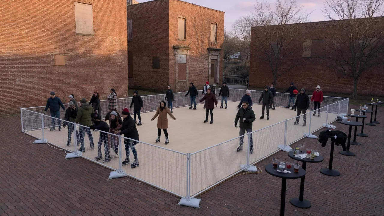 Students skating on a modular roller floor inside a gym