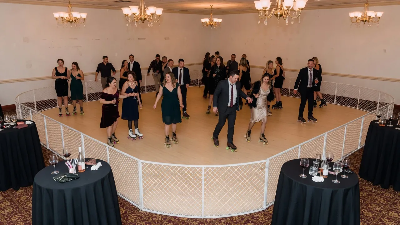 Portable roller rink rails and lighting prepared in a ballroom