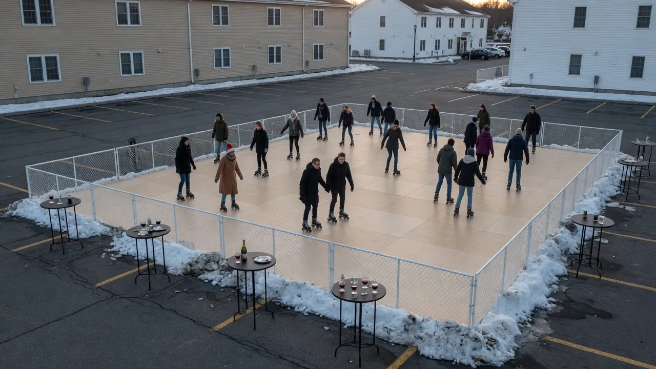 Guests skating on a modular roller floor inside a hotel event room