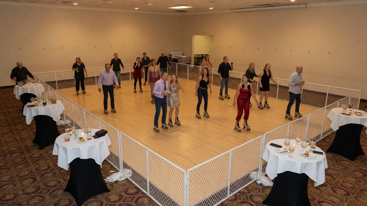Portable roller rink floor and perimeter rails prepared for guests