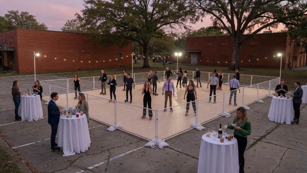 Guests skating on a modular roller floor at an indoor event