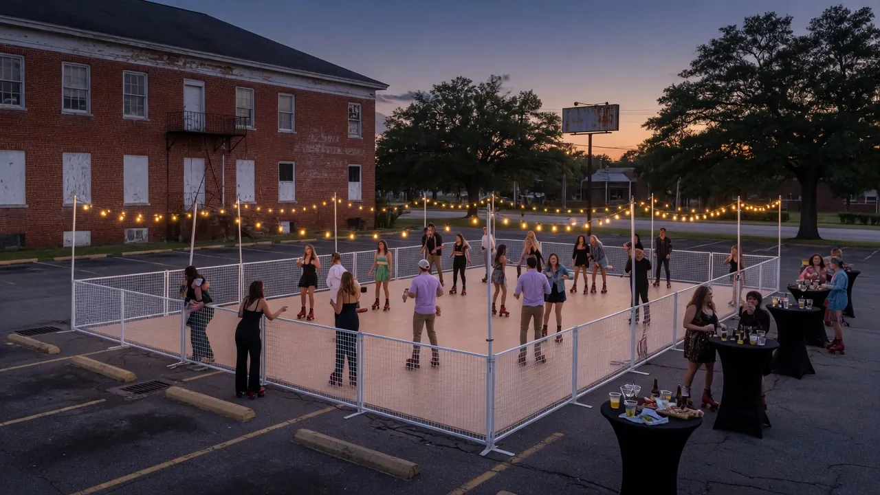 Guests skating on a modular roller floor at a retail event