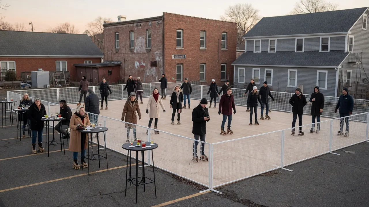 Students skating on a modular roller floor inside a gym
