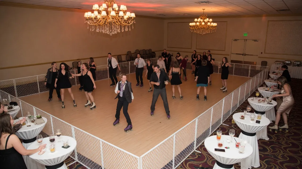 Portable roller rink rails and lighting prepared in a ballroom