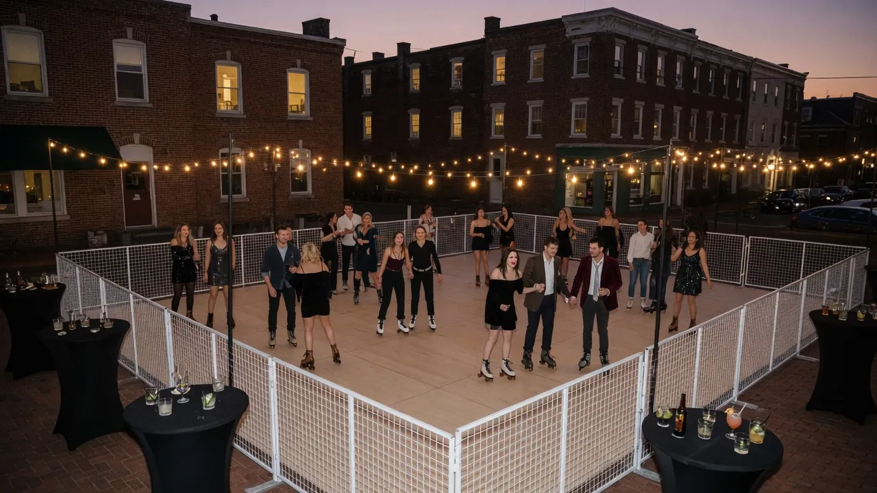 Guests skating on a modular roller floor inside a hotel event room