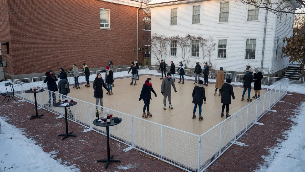 Students skating on a modular roller floor inside a gym