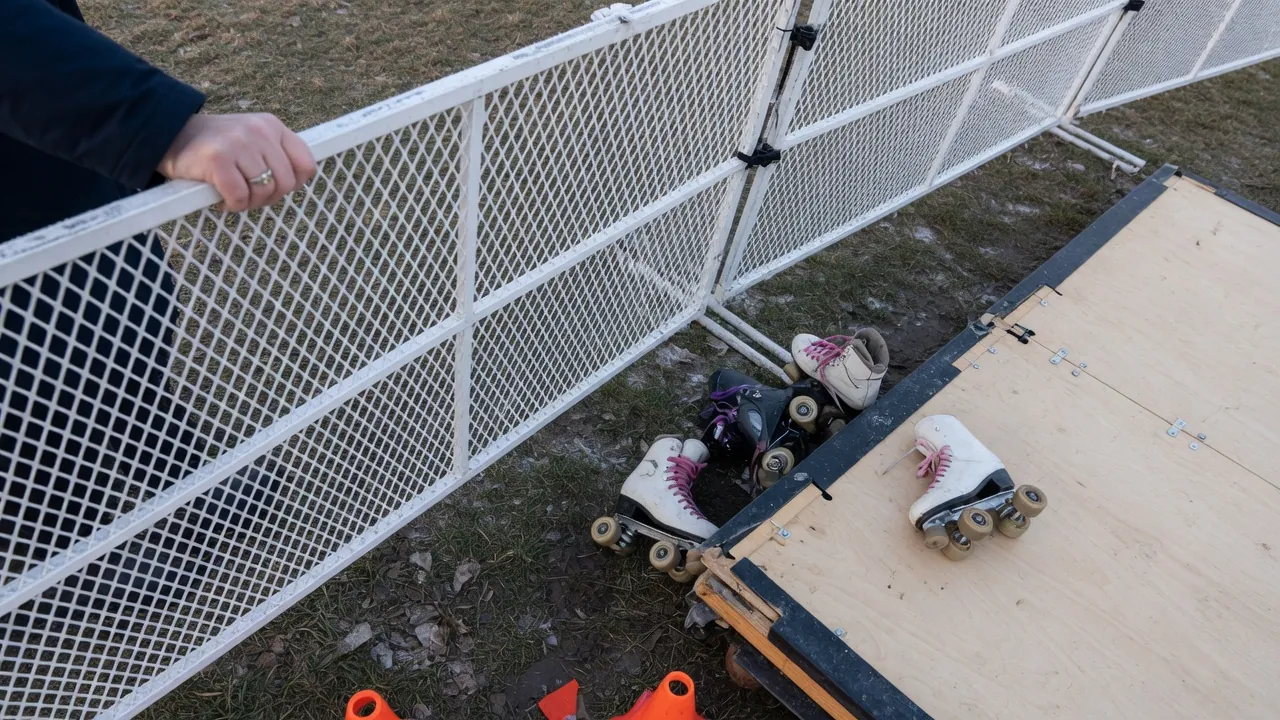 Editorial photo of event fencing and a guest path on a Harrisburg-style pad; not a specific venue