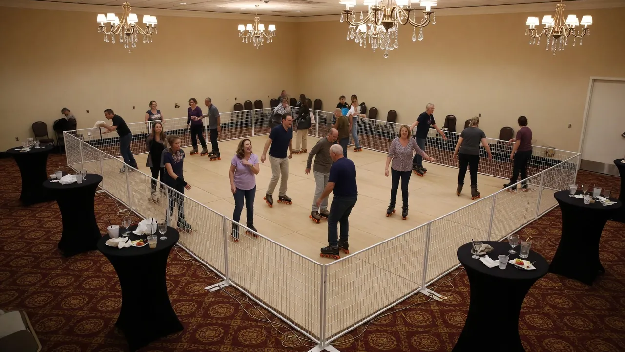 Editorial photo of a portable roller rink in a hotel courtyard setup; not a specific Harrisburg venue