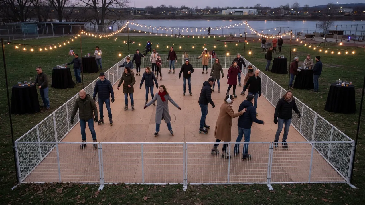 Editorial photo of a portable roller rink setup near a Harrisburg-style event pad; not a specific venue
