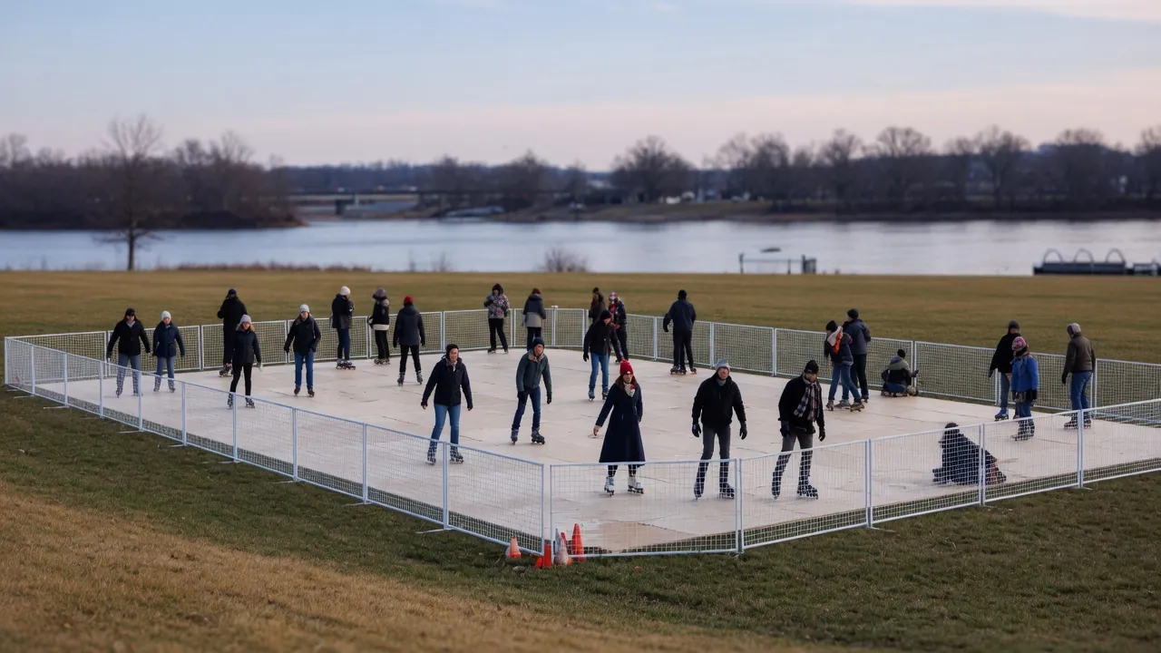 Editorial photo of a portable roller rink on a riverfront civic lawn; not a specific Harrisburg venue