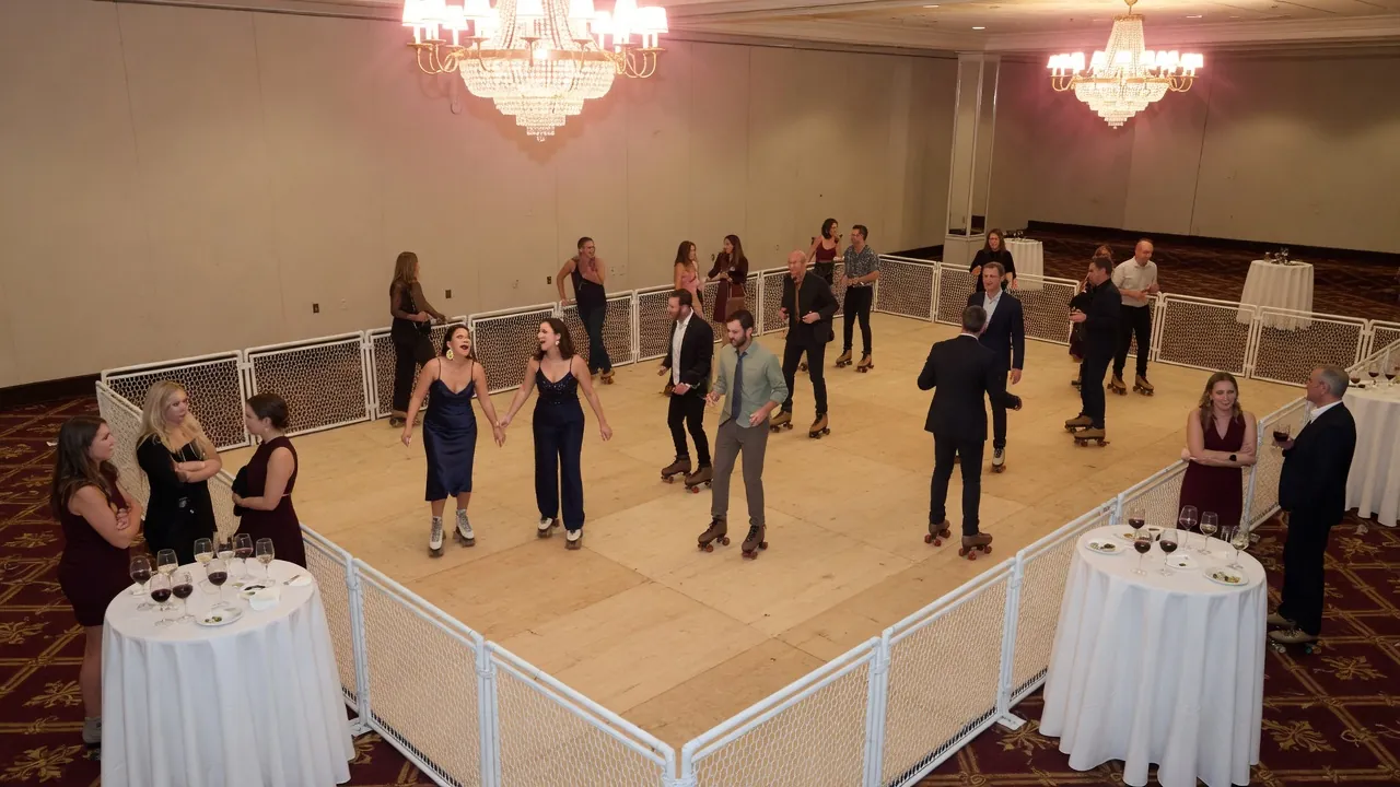 Portable rink rails and floor prepared inside a civic hall