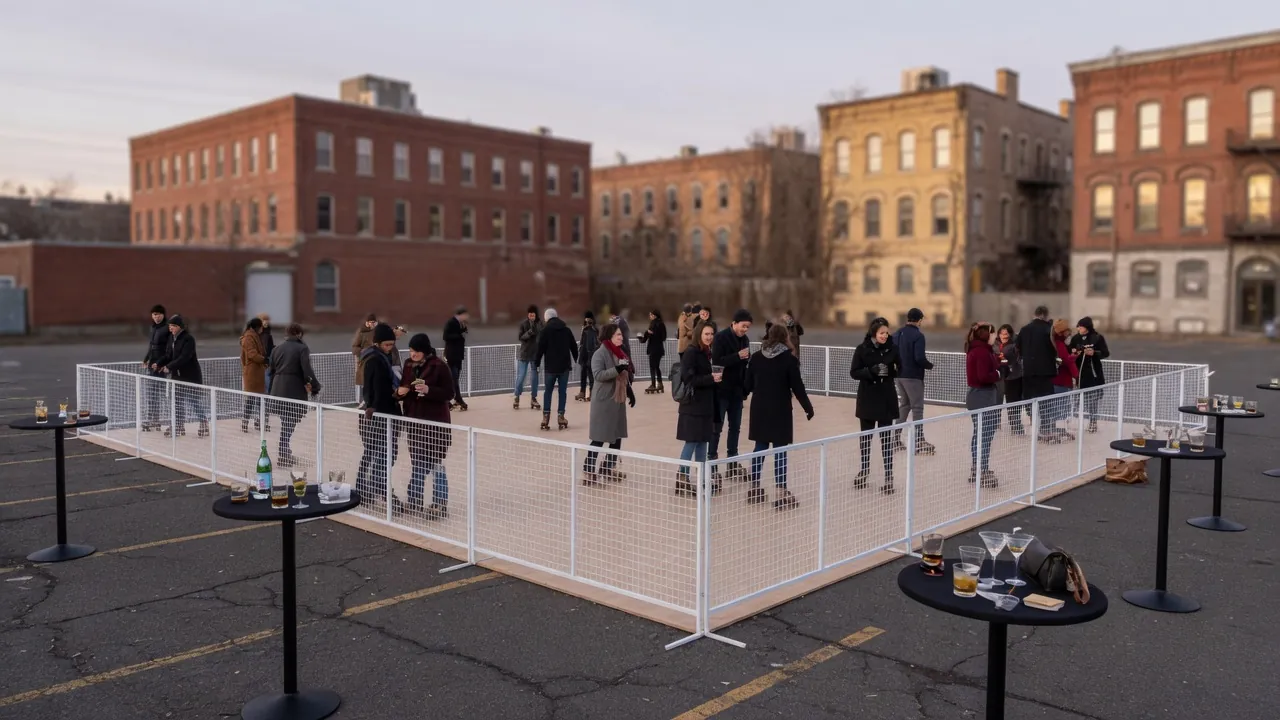 Families skating on a modular roller floor at a community event