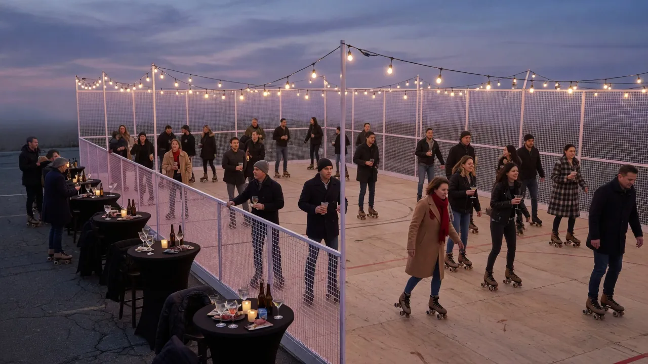 Editorial photo of a portable roller rink setup near a Hempstead-style event pad; not a specific venue