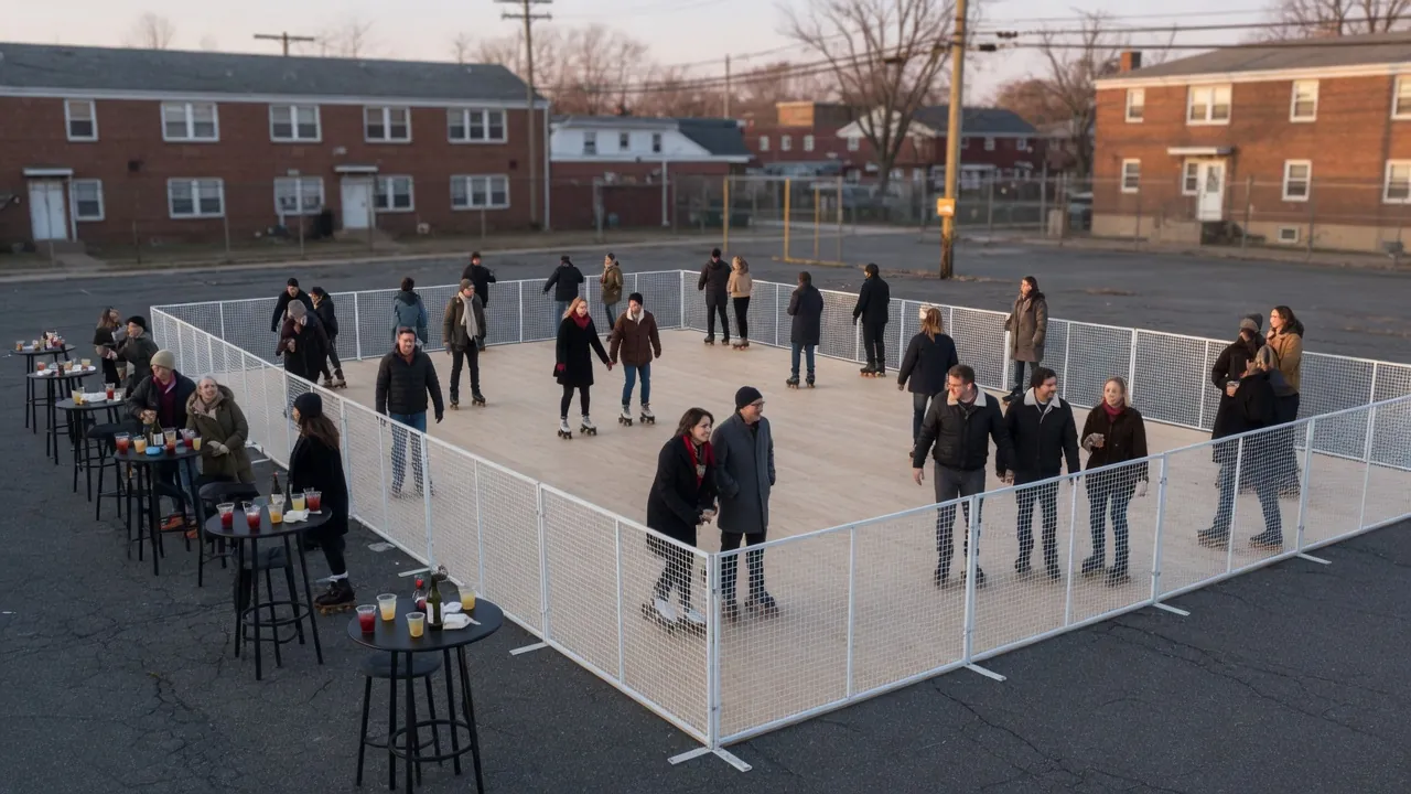 Editorial photo of a portable roller rink in a Hempstead-style setting; not a specific venue