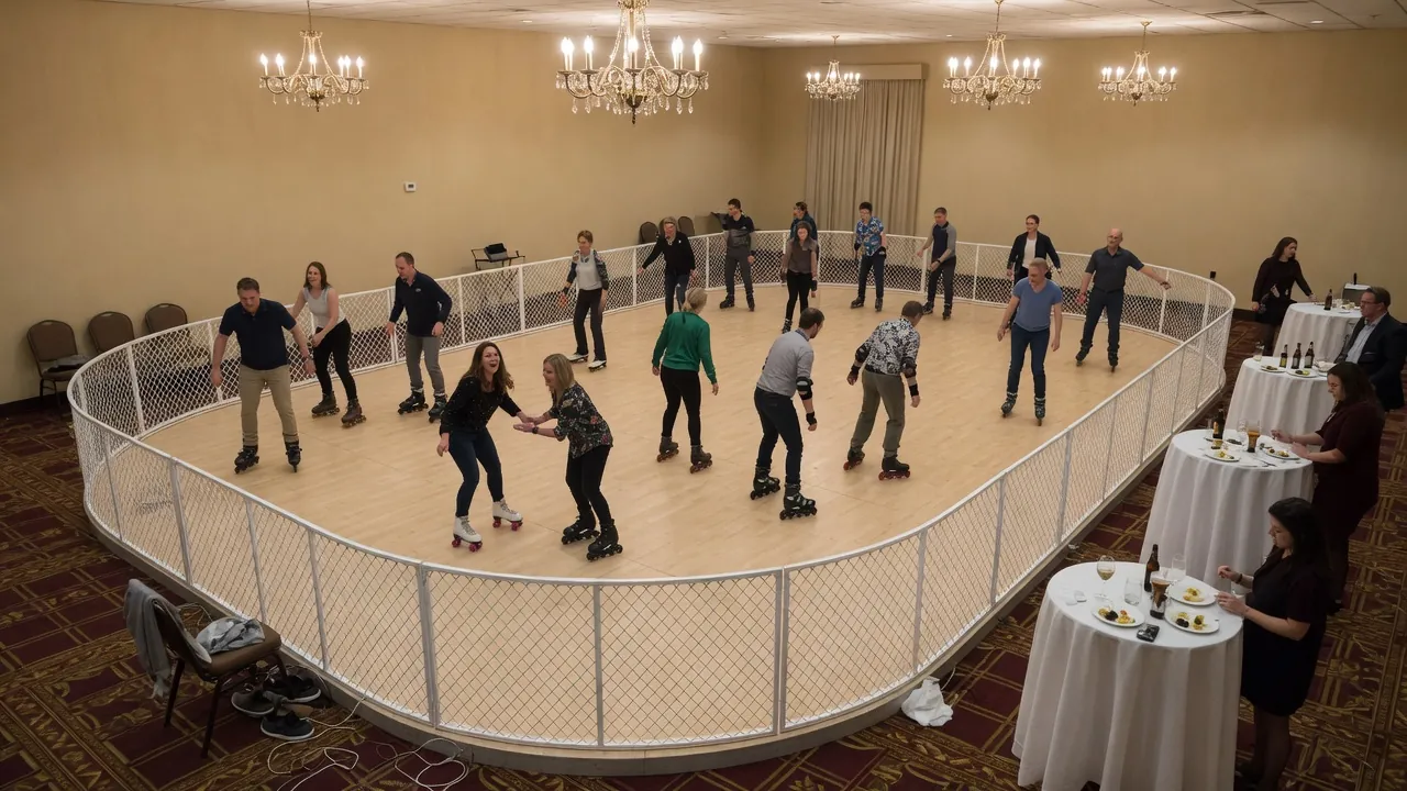 Editorial photo of a portable roller rink in a tight-street indoor hall; not a specific Hoboken venue