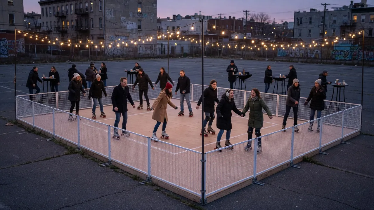Editorial photo of a portable roller rink setup near a Hoboken-style event pad; not a specific venue