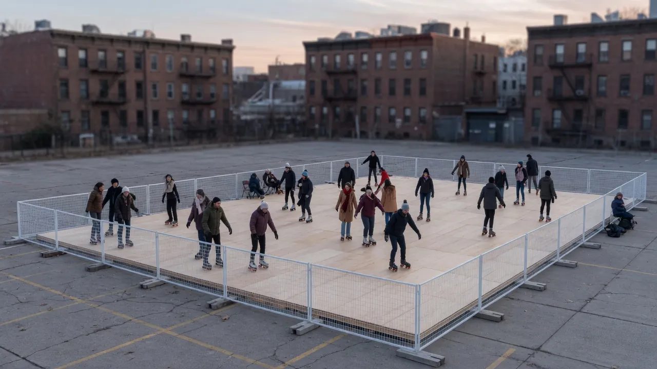 Editorial photo of a portable roller rink on a waterfront park winter evening; not a specific Hoboken venue