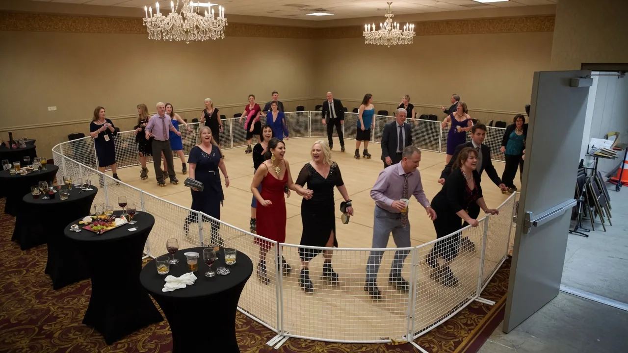 Portable roller rink rails and skating surface prepared for guests