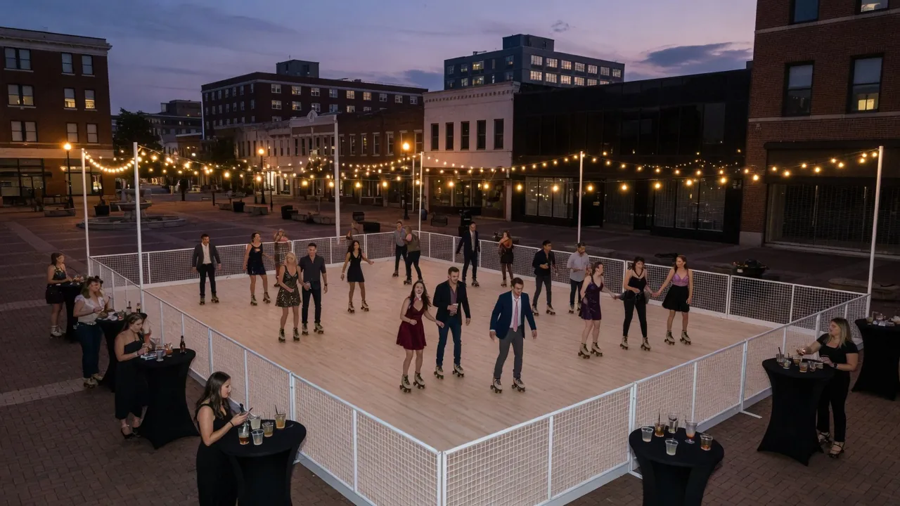 Guests skating on a modular roller floor at an event venue