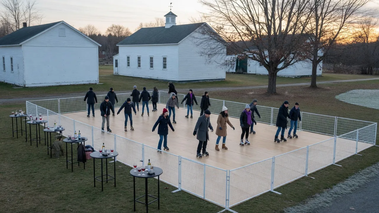 Guests skating on a modular roller floor at an event venue