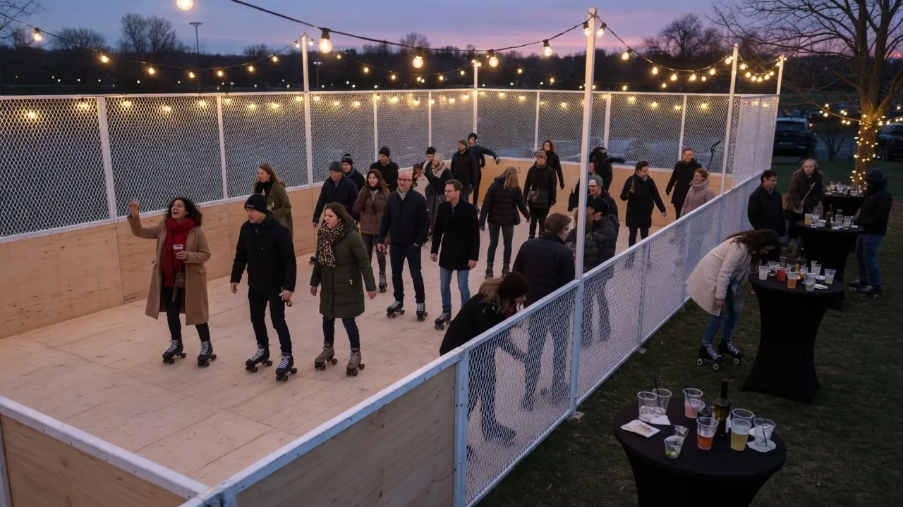Editorial photo of a portable roller rink setup near a Ithaca-style event pad; not a specific venue