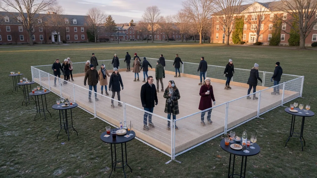 Editorial photo of a portable roller rink in a Ithaca-style setting; not a specific venue