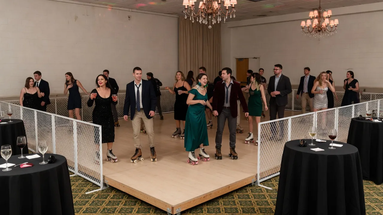 Portable roller rink rails, skates, and event lighting prepared inside shopping centers, mixed-use properties, and brand activations