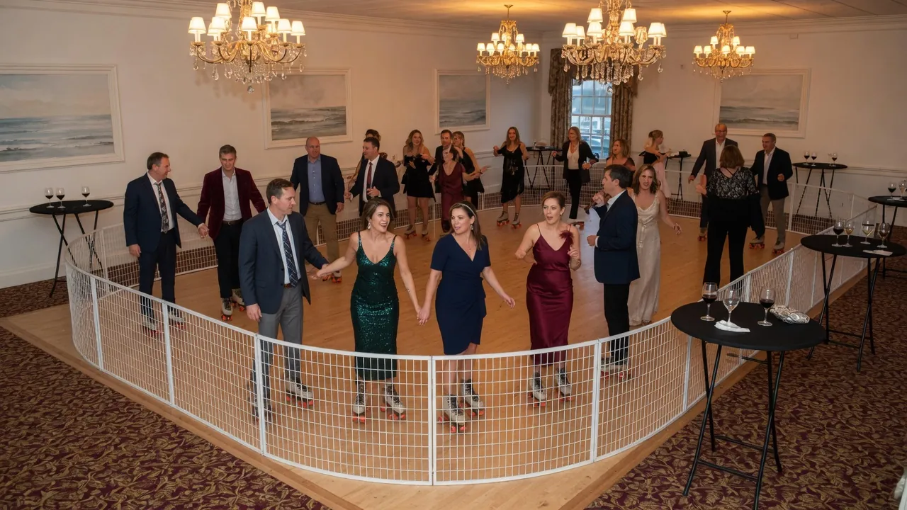 Portable rink rails and floor prepared inside a civic hall