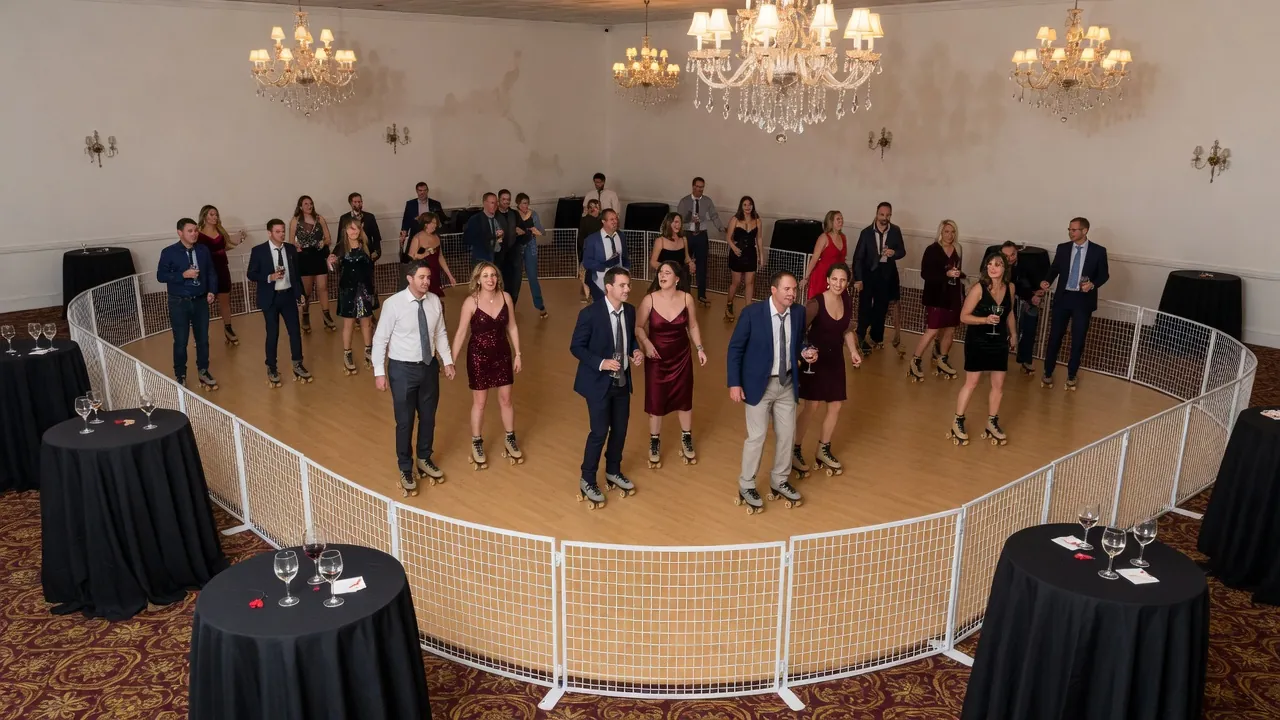 Portable roller rink rails and lighting prepared in a ballroom