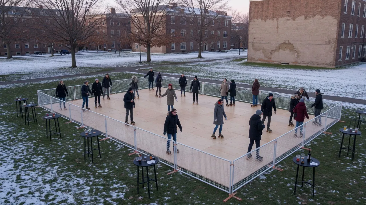 Guests skating on a modular roller floor inside a hotel event room