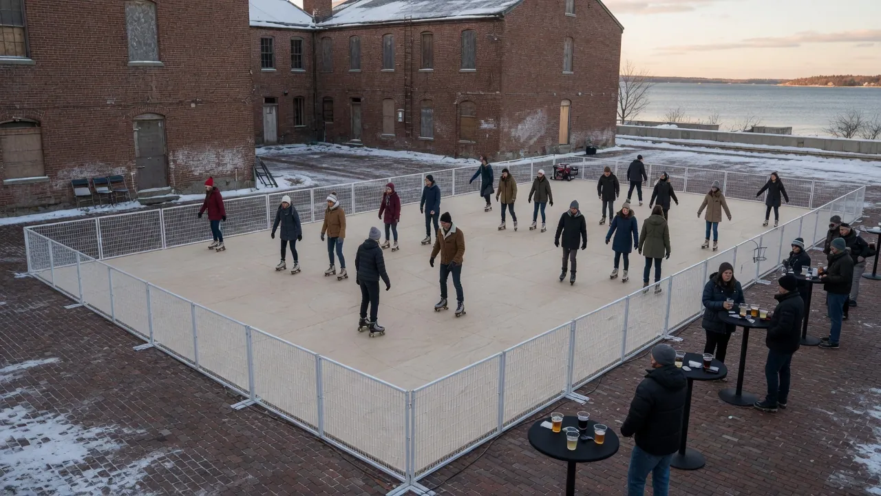 Families skating on a modular roller floor at a community event