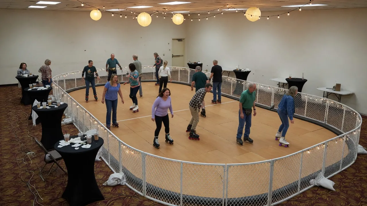 Editorial photo of a portable roller rink in a private-venue driveway pad; not a specific Lancaster venue