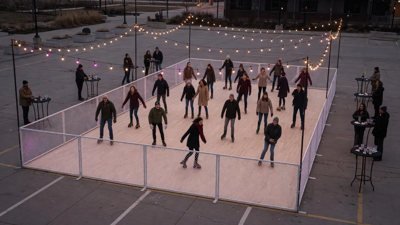 Editorial photo of a portable roller rink setup near a Lancaster-style event pad; not a specific venue