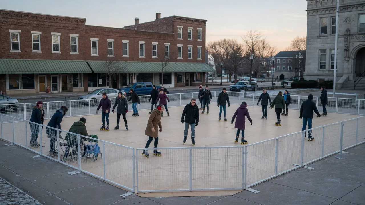 Editorial photo of a portable roller rink on a town-square winter market; not a specific Lancaster venue