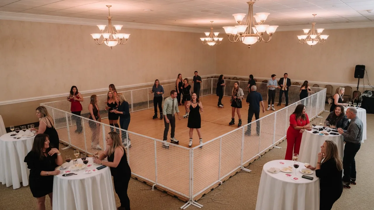 Editorial photo of a compact portable rink in a small-town indoor hall; not a specific Lewes venue