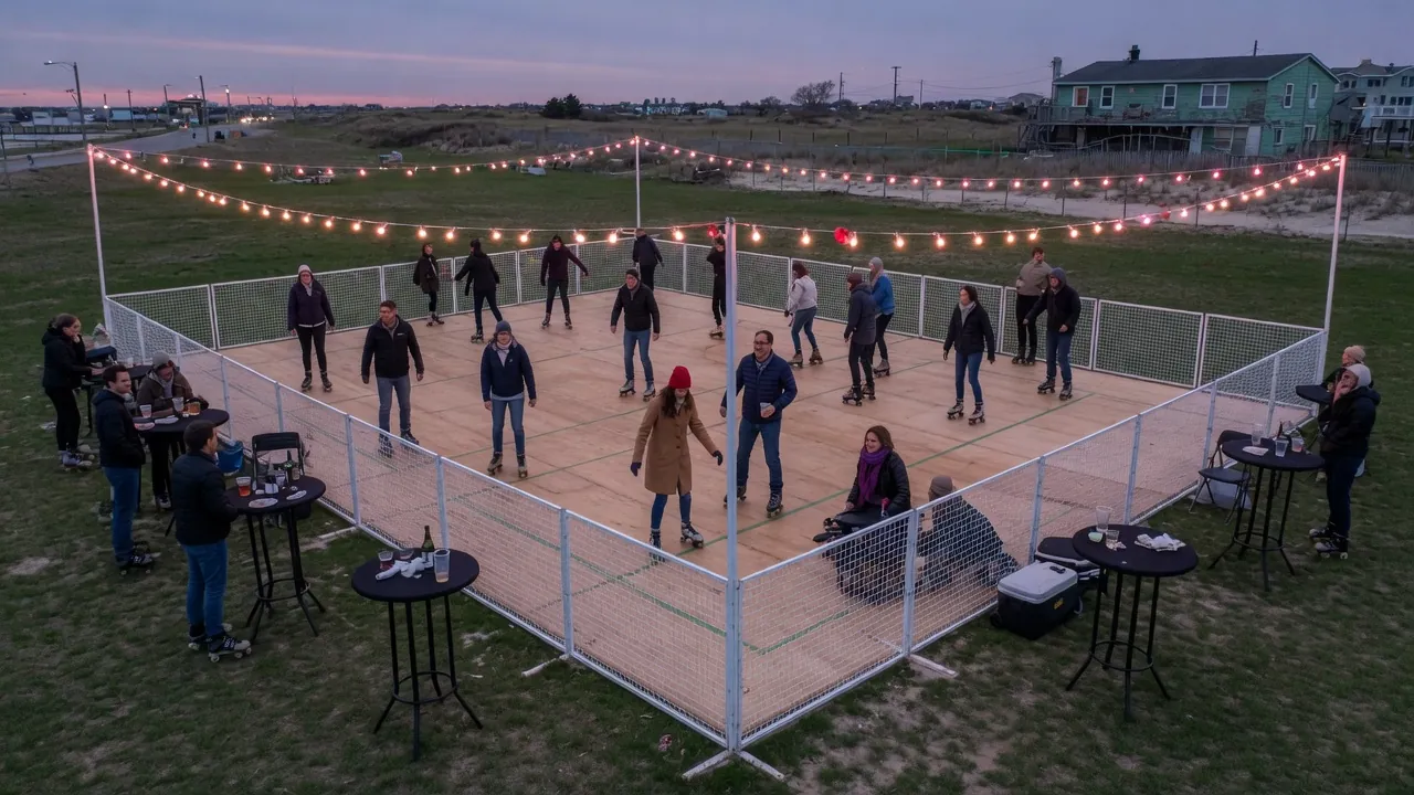 Editorial photo of a portable roller rink setup near a Lewes-style event pad; not a specific venue